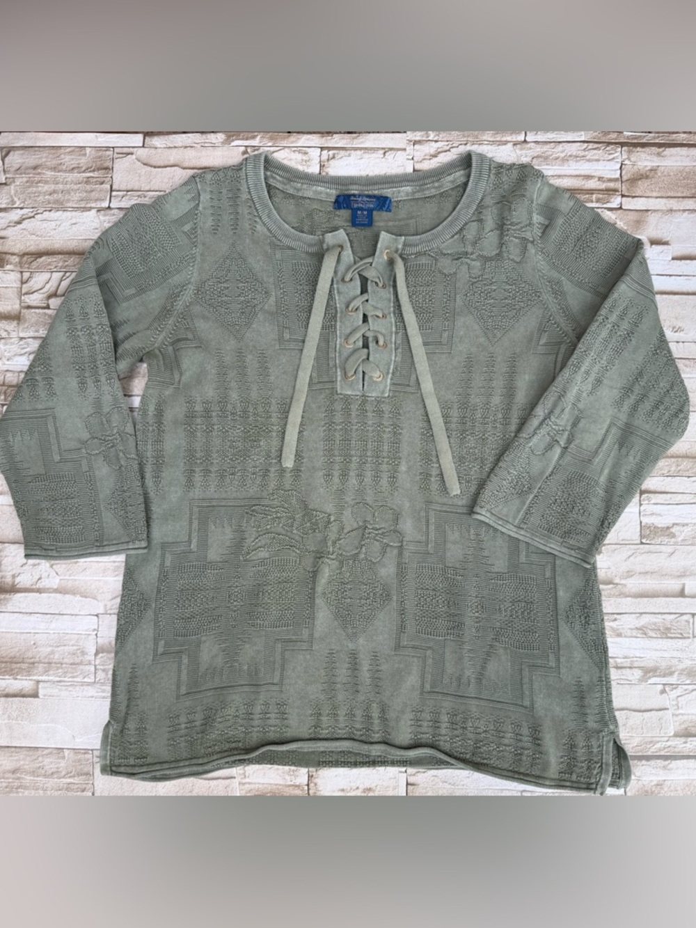 Tommy Bahama X Pendleton Aloha Harding Lace-Up Knit Sweater 3/4 sleeves Sz Med